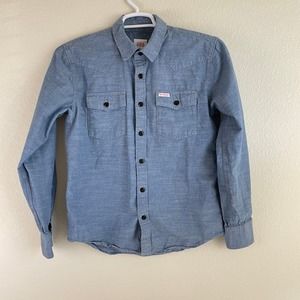 Topo Designs Denim Shirt Men's M Light Wash Button Front Outdoor Western